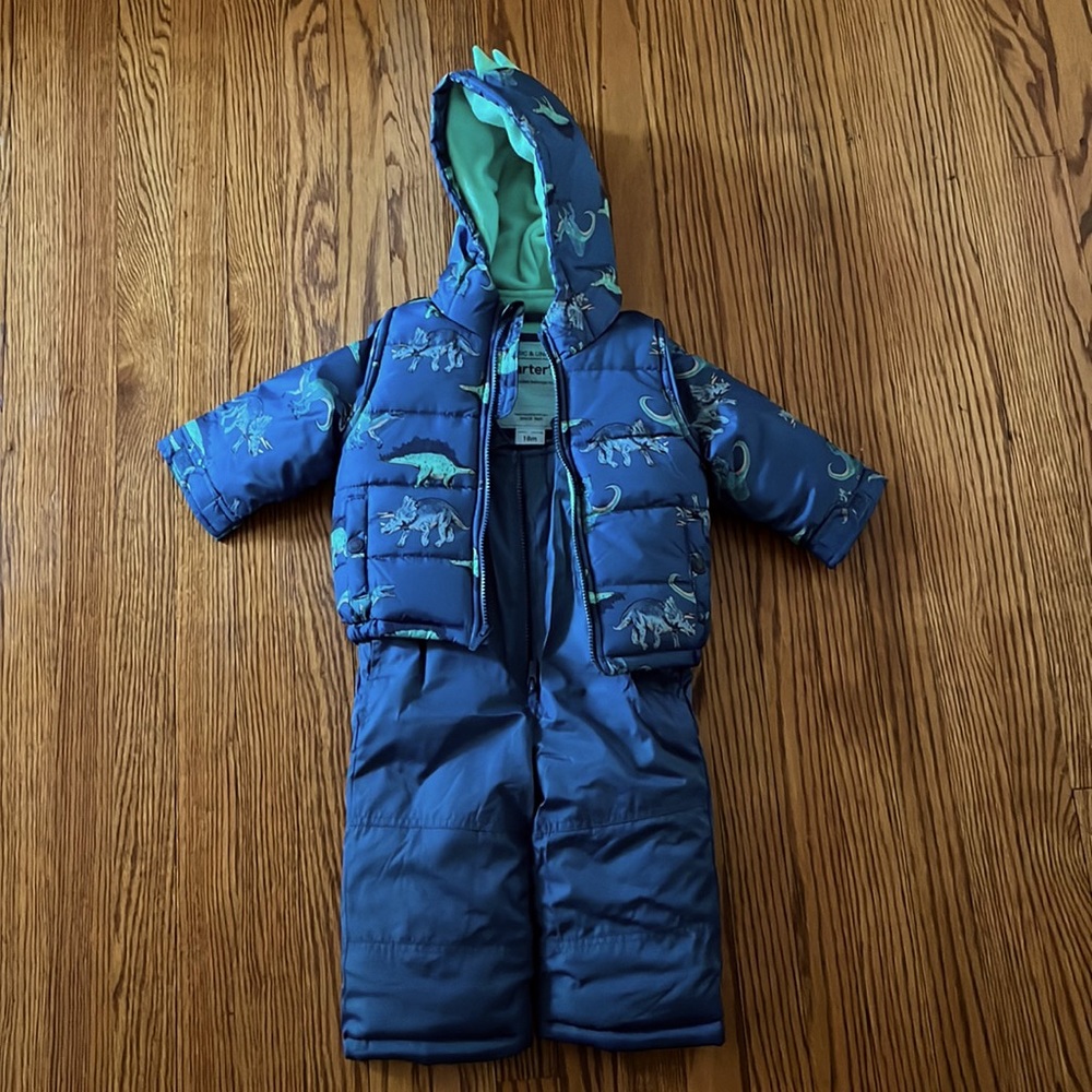 NWOT Carters Teal Dinosaur 2 Piece Snow suit 18 months